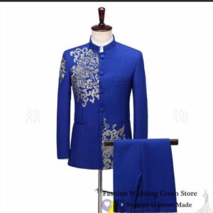 Blue Embroidered Men Chinese Tunic Suit Set Slim With Pants