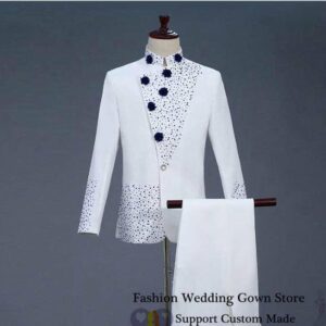 Chinese Tunic suit with Pants - White Set Auger Twinkling Male Suit