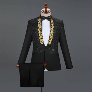 Embroidered Men Chinese Tunic Suit Set Slim With Pants